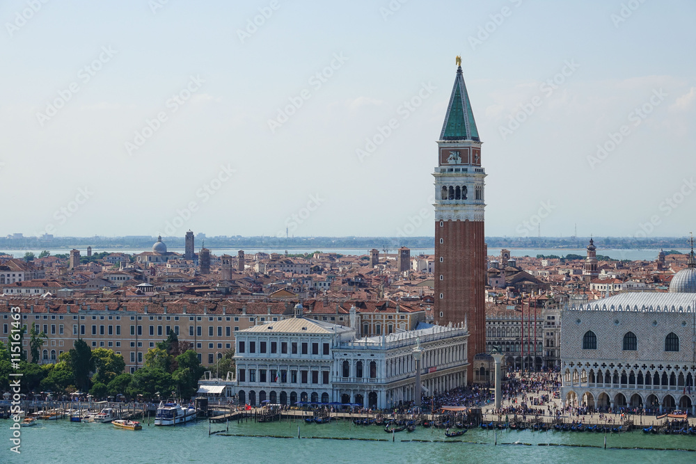 Aerial view over skyline of Venice at St Marks Place with Campanile and Doge Palace