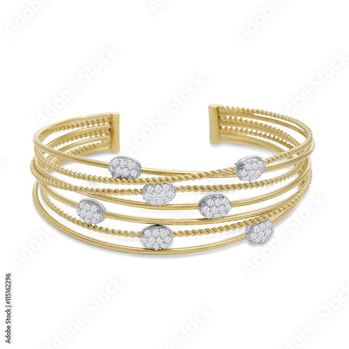14 Karat White & Yellow Gold Two Tone Rope & Smooth Wire Cuff Bracelet with Diamonds