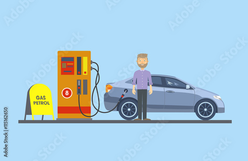 The car at the gas station with the driver. Vector illustration