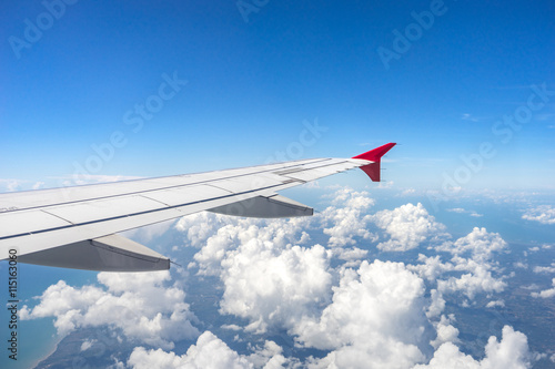 Aircraft wing and earth aerial landscape.