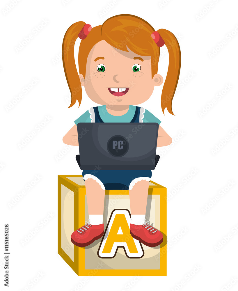Kid using a laptop sitting on abc block cartoon design, vector illustration. Kid using a laptop sitting on abc block cartoon design, vector illustration.