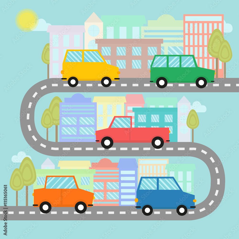 Road with cars and houses with trees in flat style