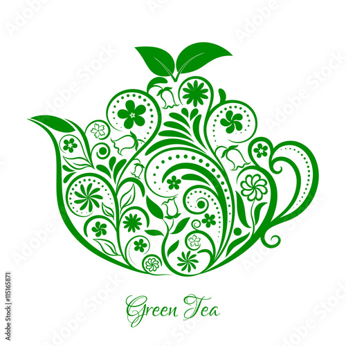 Vector Floral Green Ornamental Teapot Over White