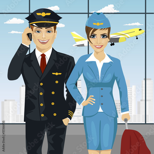 pilot and air hostess in uniform at airport