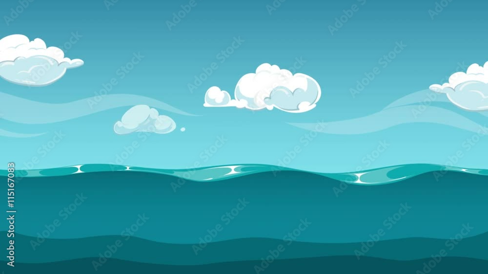 Ocean or sea horizon animated background. Water surface and blue sky with clouds Ocean or sea horizon animated background. Water surface and blue sky with clouds