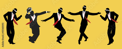 Elegant men wearing hats. Dancing swing or jazz. 1950s or 60s style.