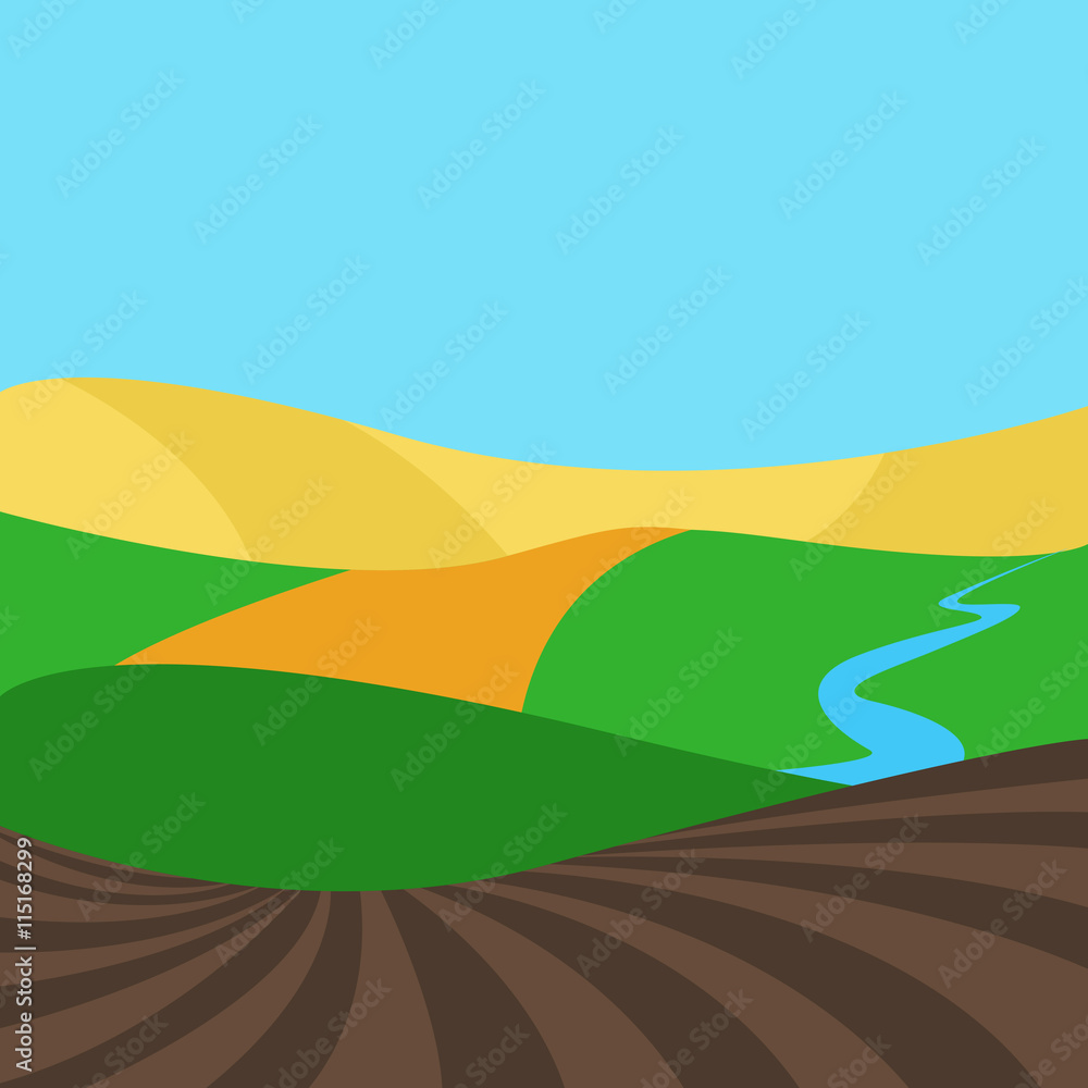 Vector nature landscape with fields, leas, river. Simple style illustration - countryside view