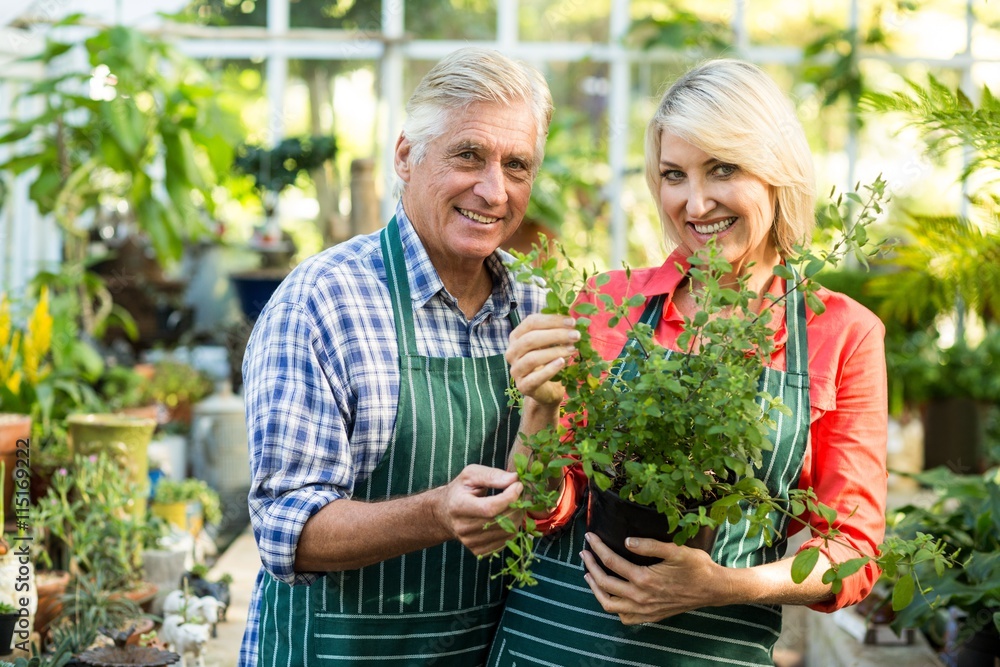 Happy couple holding potted plant in greenhouse Happy couple holding potted plant in greenhouse