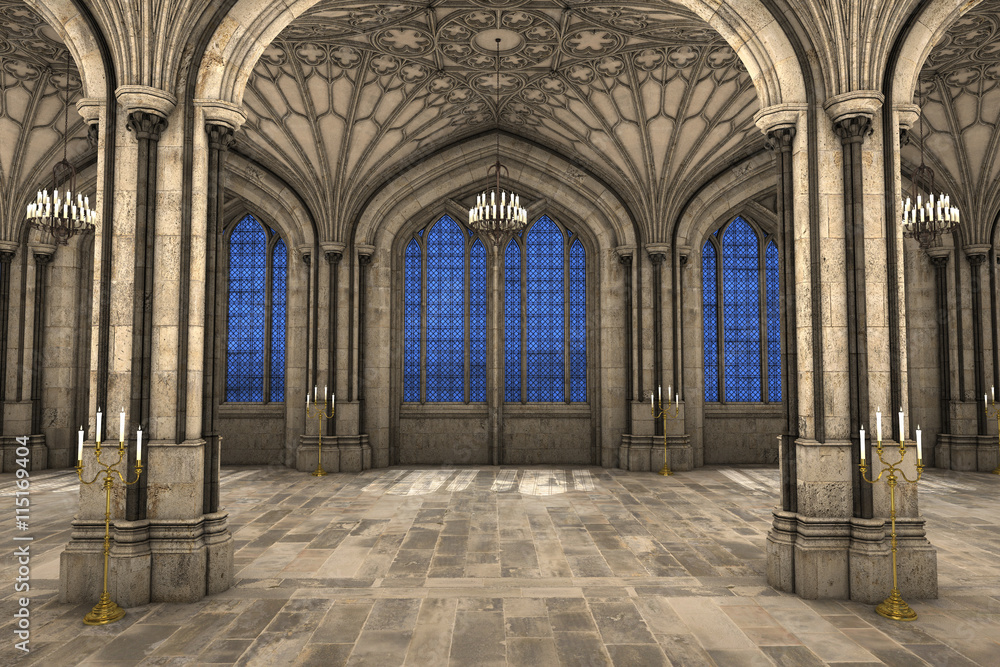 Symmetrical view of gothic cathedral interior 3d CG illustration