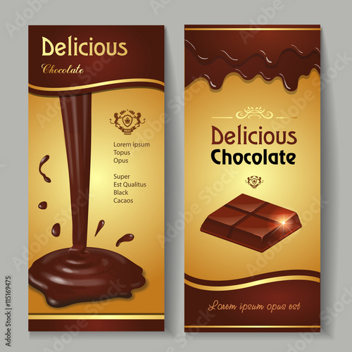 Delicious dark premium chocolate splashes and drops banners set realistic isolated vector illustration