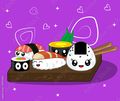 Vector illustration of cute kawaii cartoon rolls and sushi