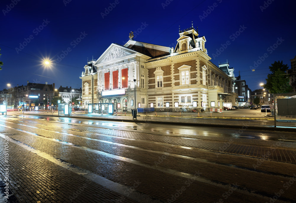 Fototapeta premium Concert building in Amsterdam at night, Netherlands