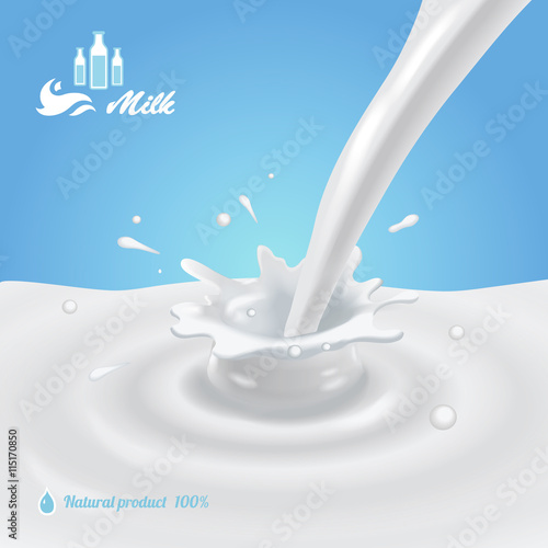 Illustration of milk pouring with splashes and drops flow on blue background