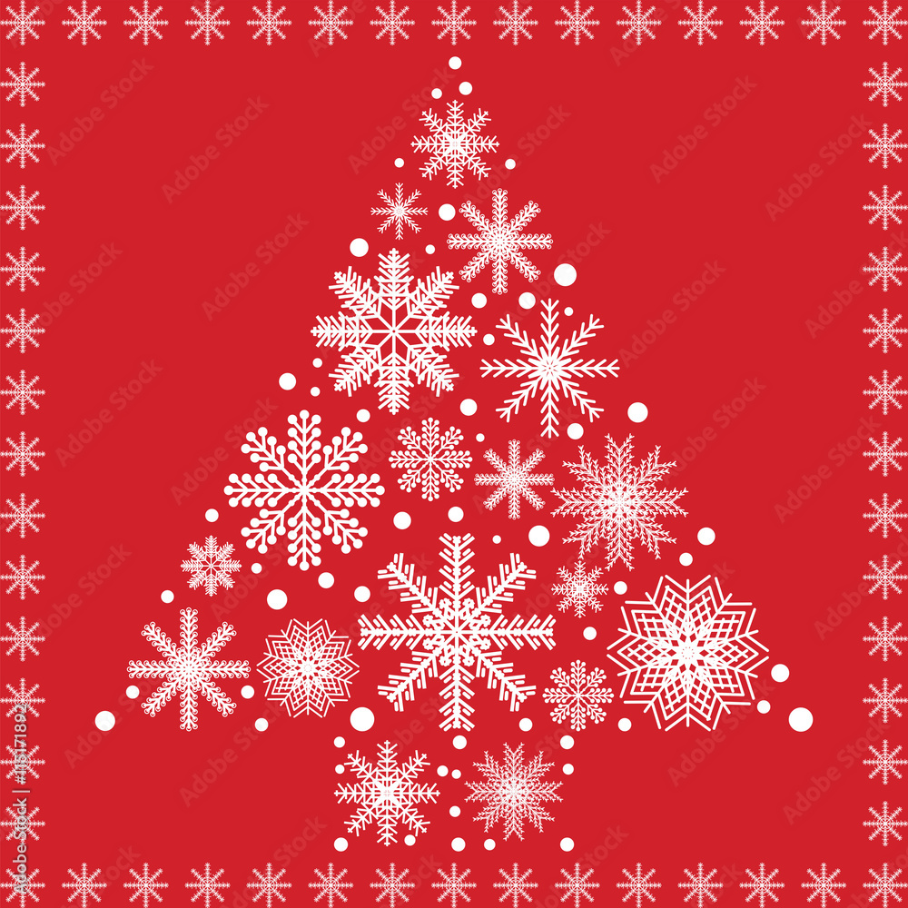 Scandinavian style Christmas tree shape made out of different types of snowflakes and stars decorative ornaments in white on red background
Scandinavian style Christmas tree shape made out of different types of snowflakes and stars decorative ornaments in white on red background