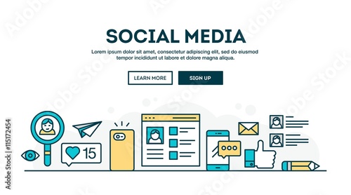 Social media, colorful concept header, flat design thin line style