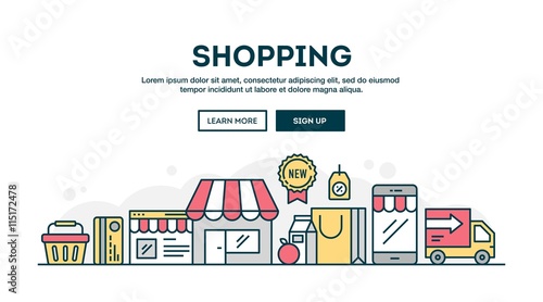 Online shopping, colorful concept header, flat design thin line style