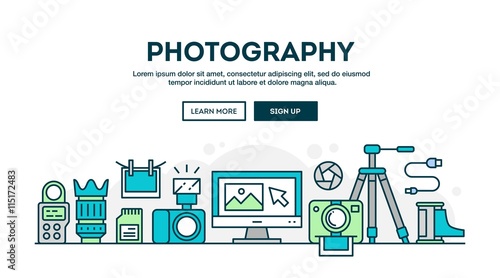 Photography equipment, colorful concept header, flat design thin style