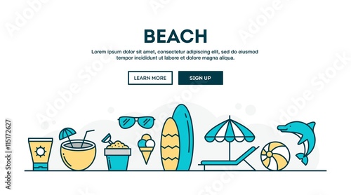 Beach, summer vacation, colorful concept header, flat design thin line style