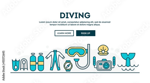 Diving, colorful concept header, flat design thin line style