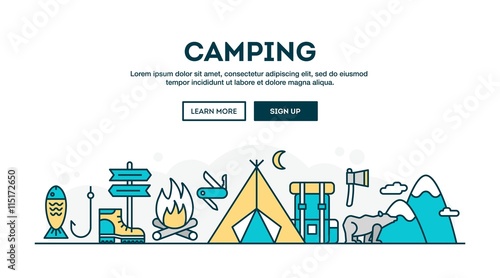 Camping, colorful concept header, flat design thin line style