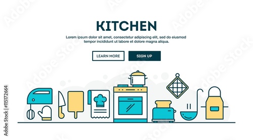 Kitchen, colorful concept header, flat design thin line style photo