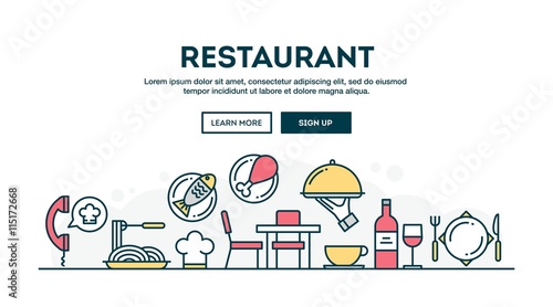 Restaurant, colorful concept header, flat design thin line style