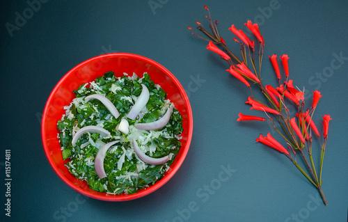 Fresh Homemade Sri Lankan Kathurumurunga Kola Mallum With Coconut Sambol 