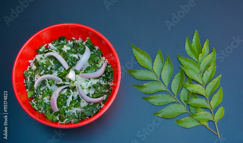 Fresh Homemade Sri Lankan Kathurumurunga Kola Mallum With Coconut Sambol 
