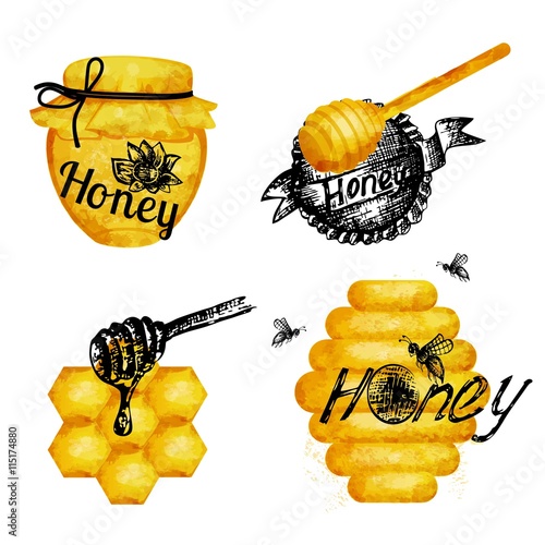 Excellent quality watercolor texture. Set of icons on a theme watercolor honey. Drawings ink, watercolor drawing.
