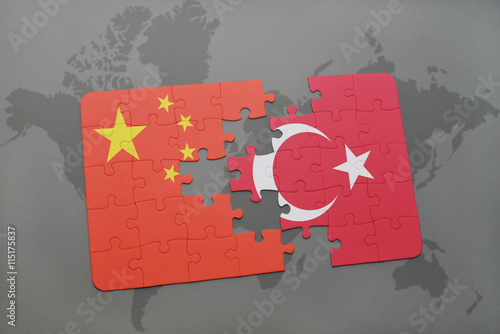 Canvas Print puzzle with the national flag of china and turkey on a world map background