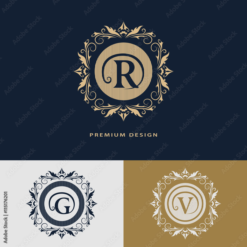 Fototapeta premium Luxury Logo template flourishes calligraphic elegant ornament lines. Letter R, G, V. Business sign, identity for Restaurant, Royalty, Boutique, Hotel, Heraldic, Jewelry, Fashion. Vector illustration