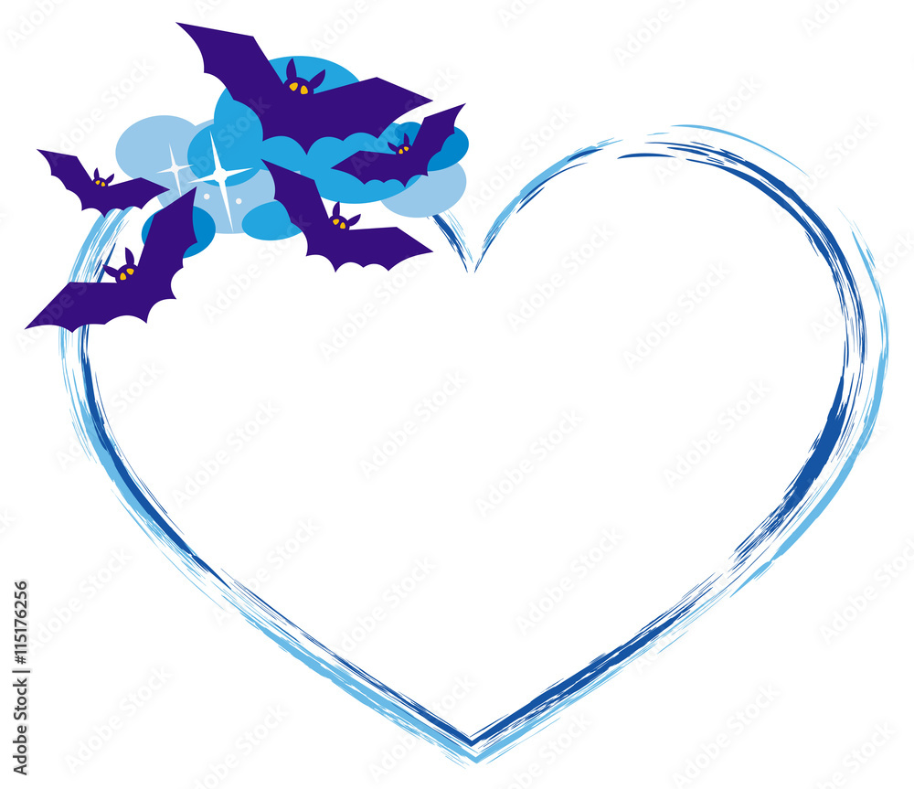 Heart shaped frame with silhouettes of flying bats. Original background for greeting cards, invitations, prints.Vector clip art.