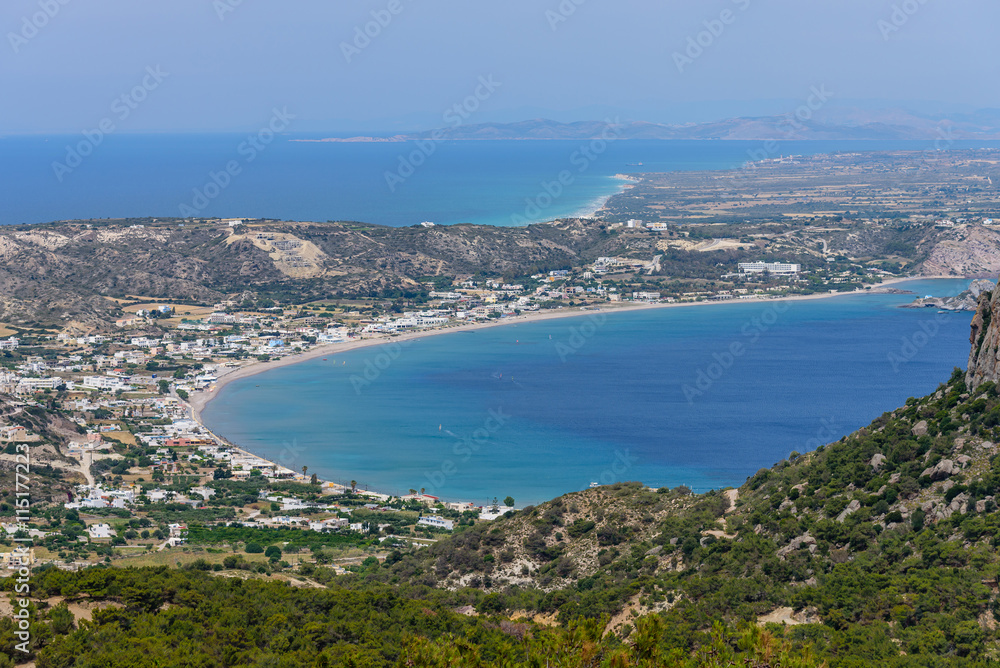 Aerial view of the sea and the coast, Kefalos village, Kos island, Dodecanese, Greece.