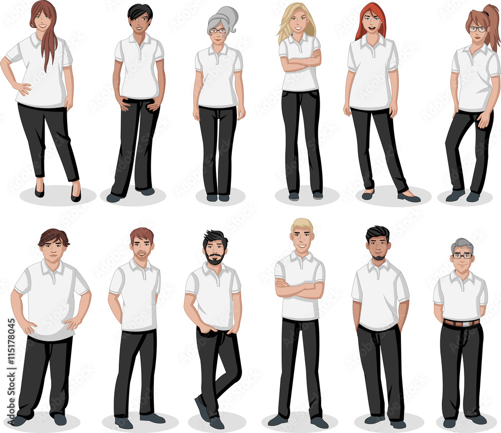 Business cartoon young people wearing white polo shirt Stock Vector