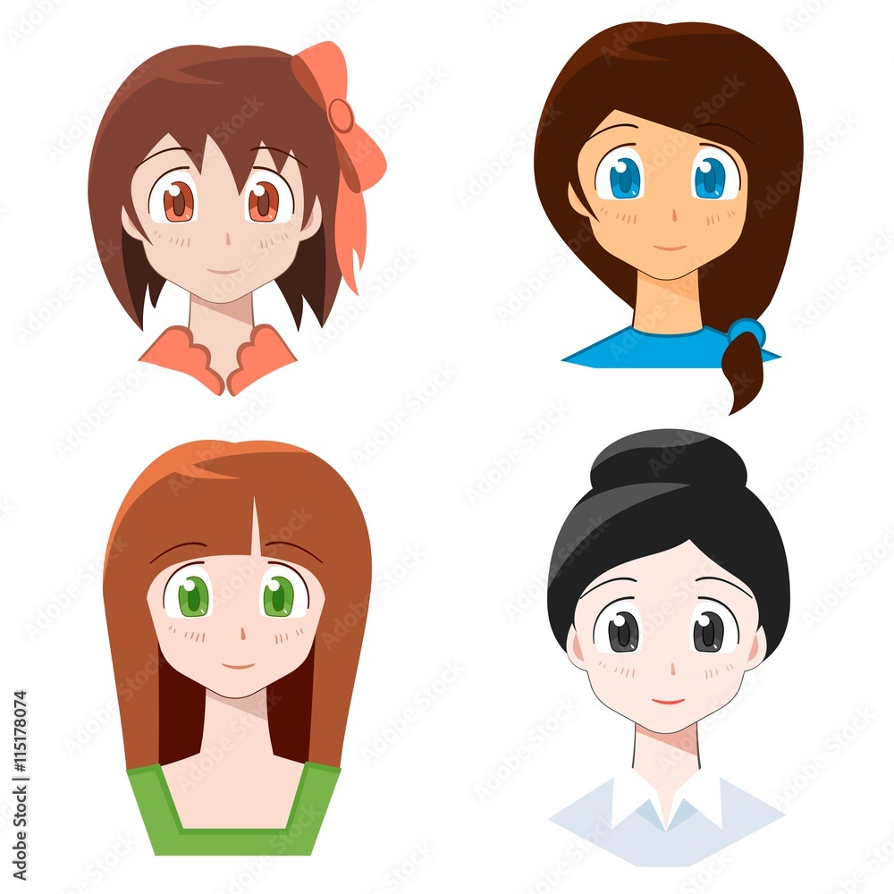 Set of cute cartoon young female characters. Set of cute cartoon young female characters.
