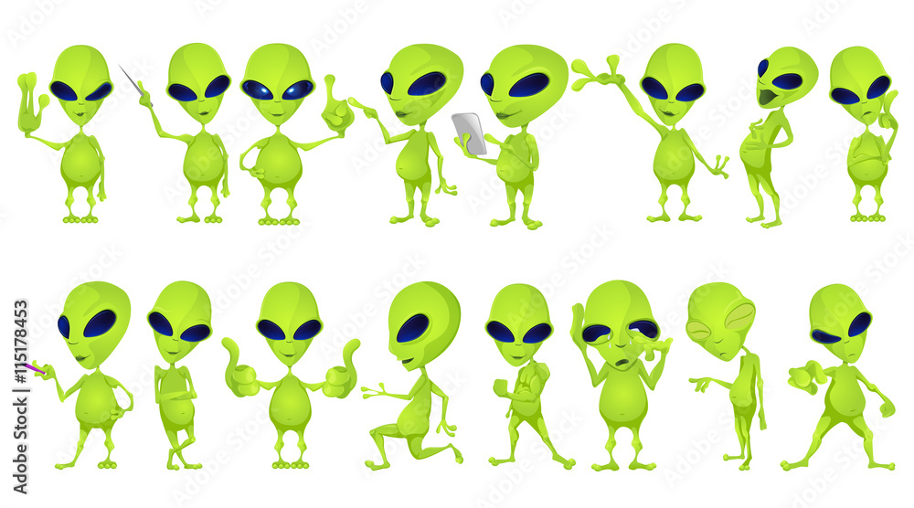 Vector set of funny green aliens illustrations. - obrazy, fototapety, plakaty 