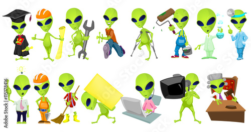 Vector set of aliens profession illustrations.