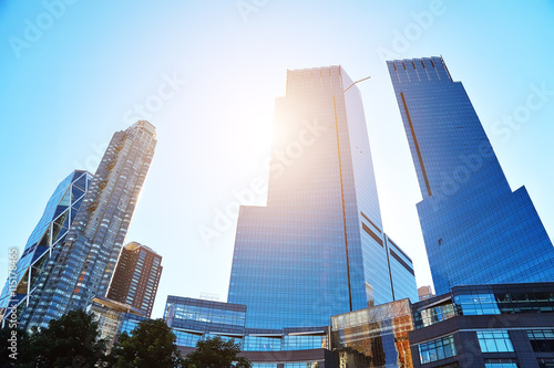 Looking up at skyscrapers in New York City