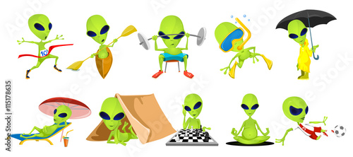 Vector set of green aliens sport illustrations.