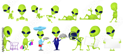 Fotografie, Obraz Vector set of funny green aliens illustrations.