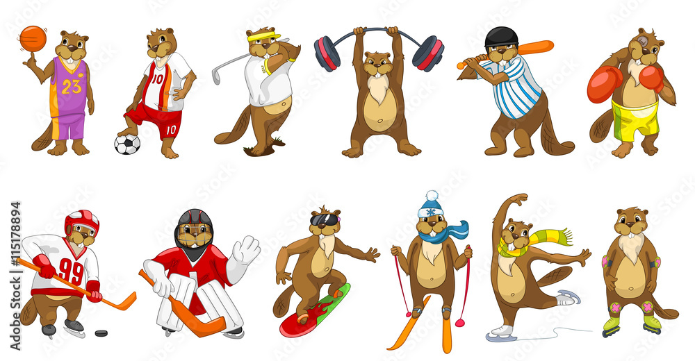 Fototapeta premium Vector set of cute beavers sport illustrations.
