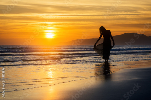Girl at sunset holding her long dress in the sea waves silhouette