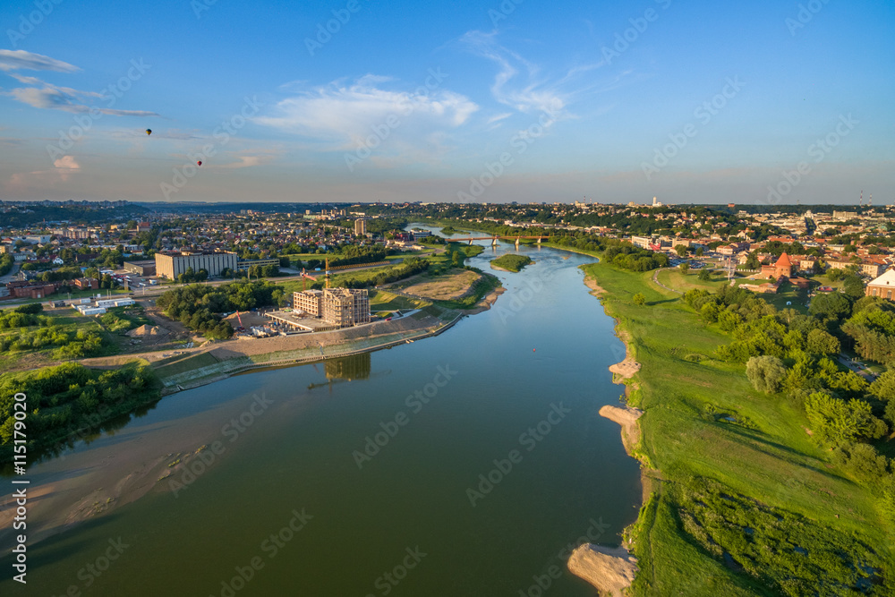 Aerial image of Kaunas city, Lithuania. Summer sunset scene