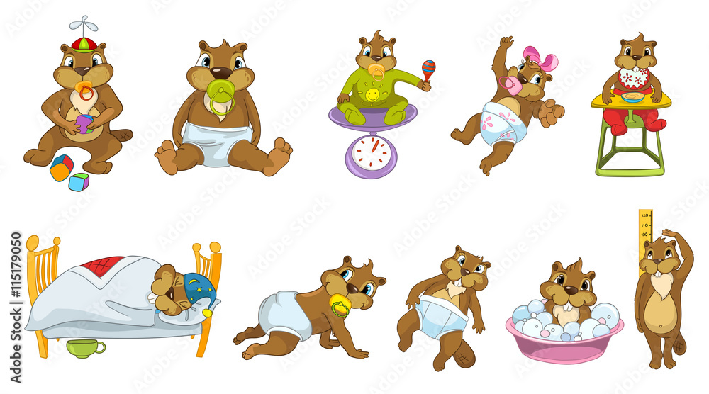 Obraz premium Vector set of cute baby beavers illustrations.
