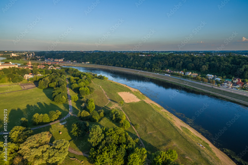 Aerial image of Kaunas city, Lithuania. Summer sunset scene