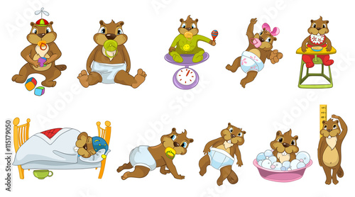 Vector set of cute baby beavers illustrations.