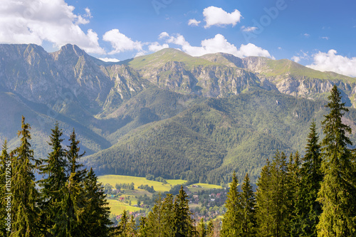 View of Giewont peak, Tatra mountains, Poland. Selective focus on the trees.