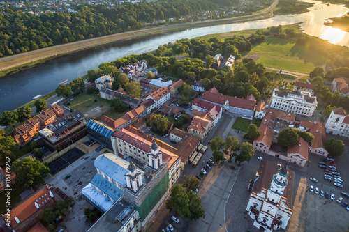 Aerial image of Kaunas city, Lithuania. Summer sunset scene