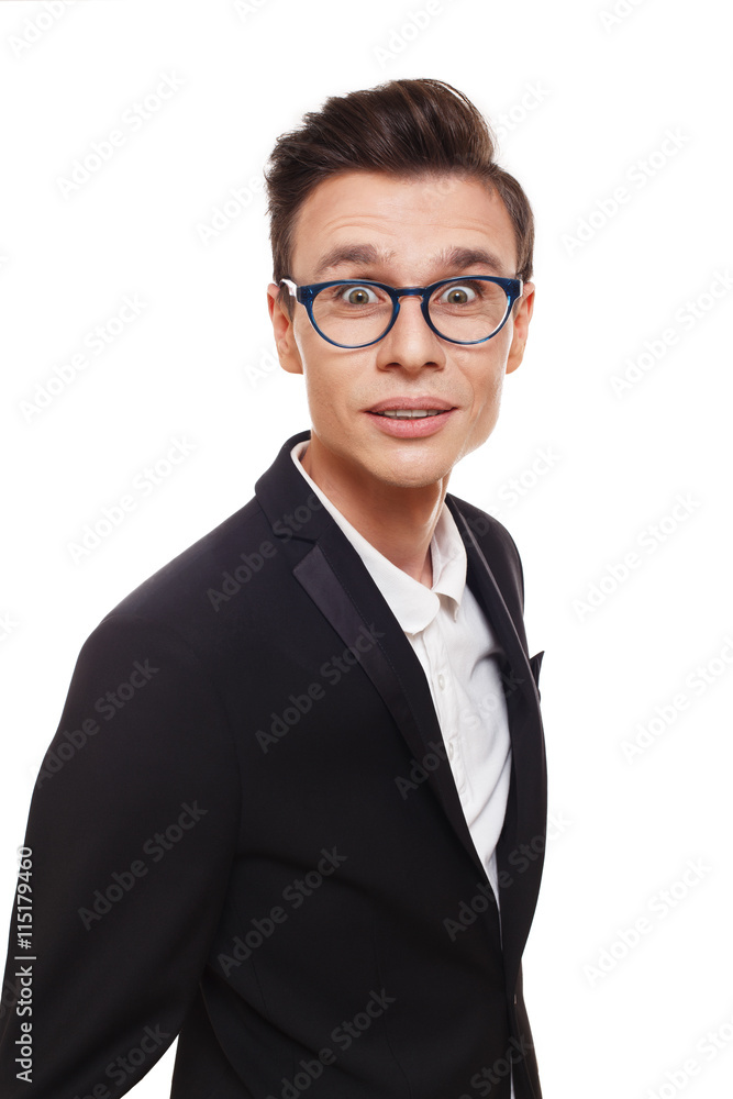 Surprised man in eye glasses isolated at white Surprised man in eye glasses isolated at white