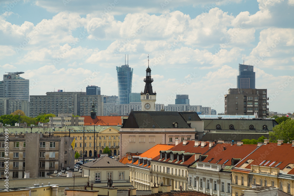 A view over the skyline of Warsaw, Poland taken from the viewpoint at St. Anne's Church in Castle Square in the Old Town
